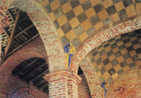 Scuderia: soffitto della loggia e due scudi  con i colori della famiglia Brivio.