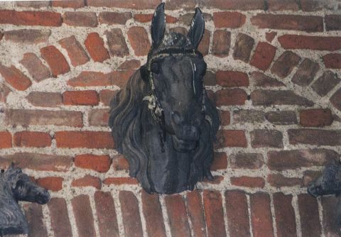 Particolare della scuderia della rocca: testa di cavallo in cotto.