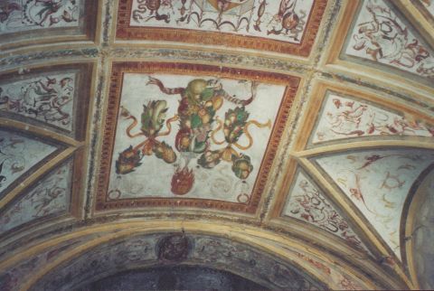 Particolari del Castello Brivio, Androne. Volta affrescata a grottesche: pitture di grotte, che rappresentano forme vegetali, figure umane e animali strani, mostri che ebbero molta diffusione nel Cinquecento.Il termine “grottesco”deriva dal nome “grotte”, dato, dopo il ritrovamento, alle sale sotterranee della famosa “Domus Aurea” di Nerone, ricche di affreschi.